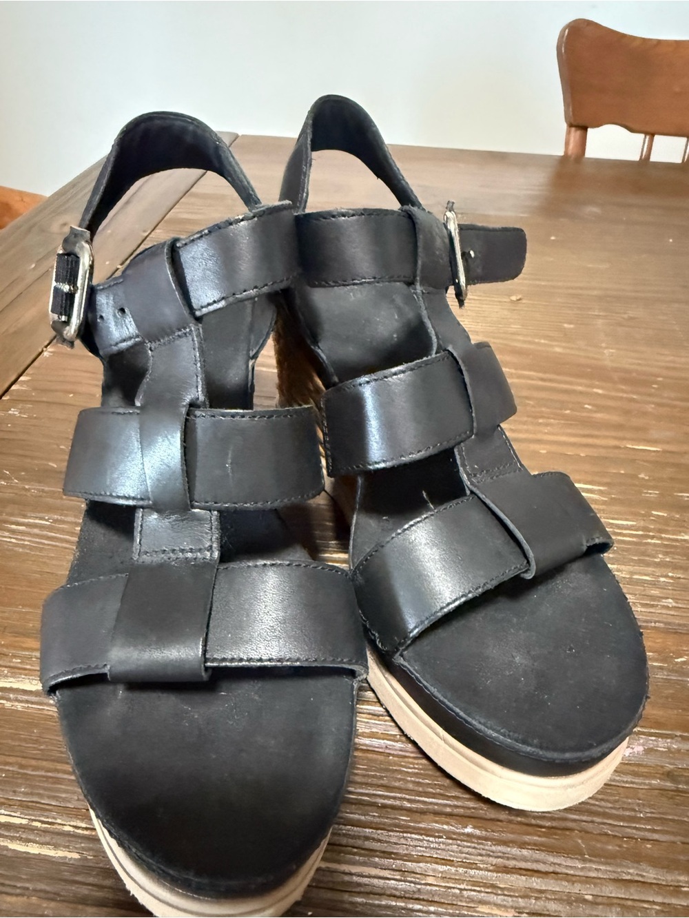 UGG Black Leather Wedge Sandals with Braided Espadrille Heel - Picture 2 of 4